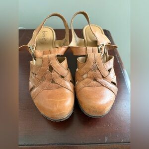 b.o.c. Tan Leather Cutout Slingback Wedge Clogs